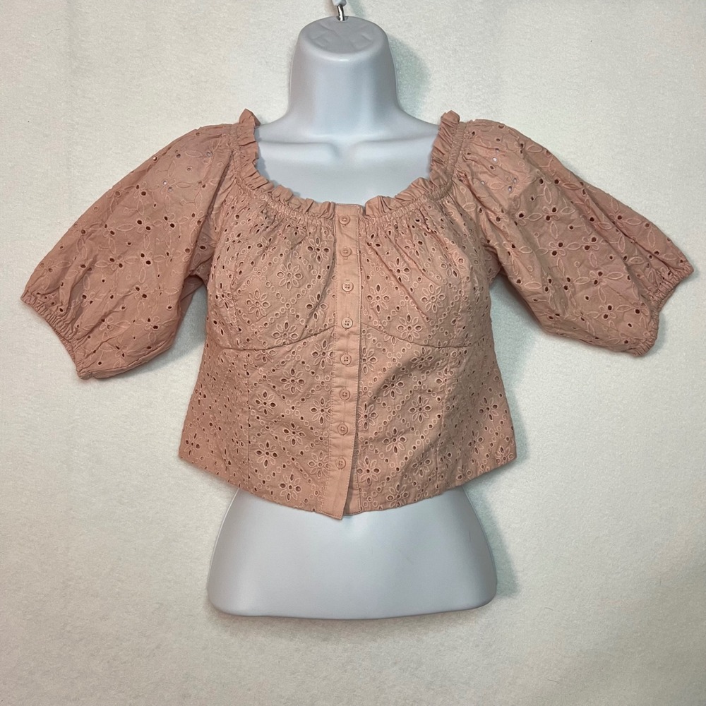 New American Eagle Pink Eyelet Puff Coquette Cottagecore Croptop Smocked S